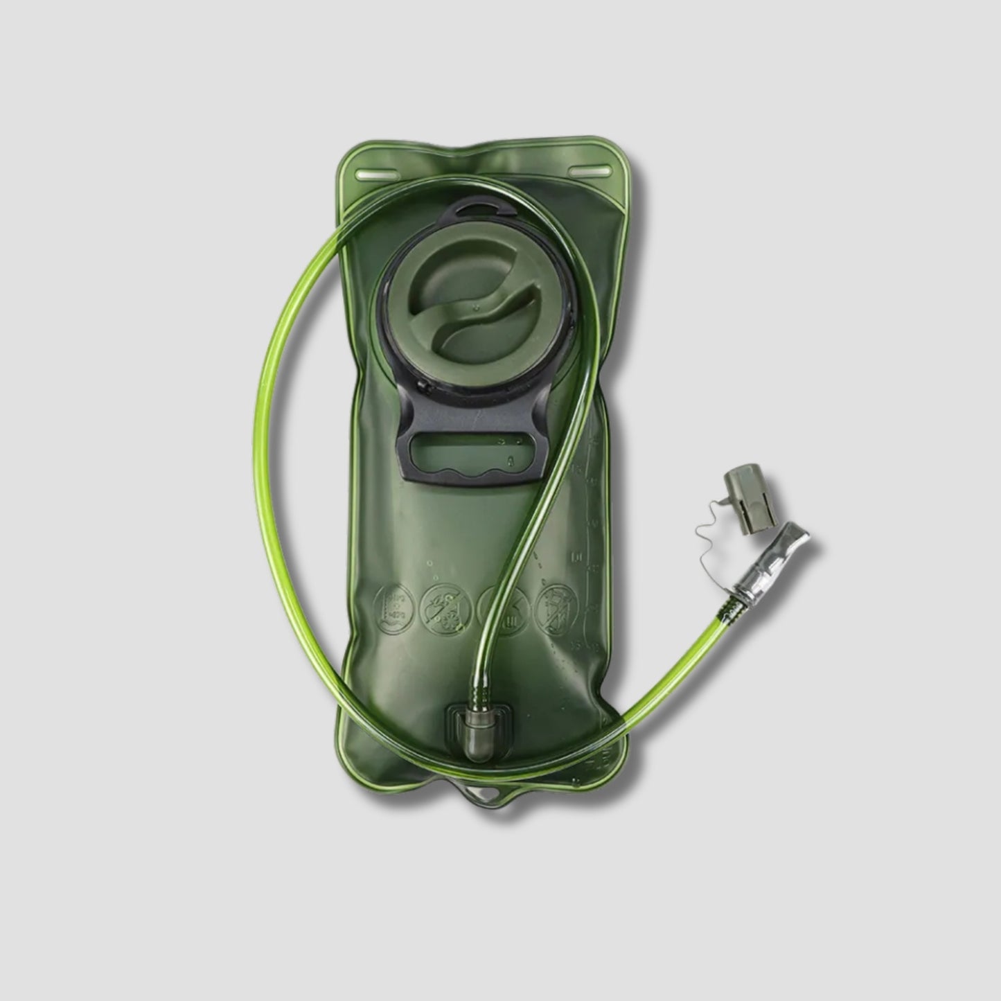 Full view of the HLTHY HYDROFLOW water bladder, featuring a durable 1.5L capacity design with a leak-proof cap and a flexible drinking tube with a bite valve